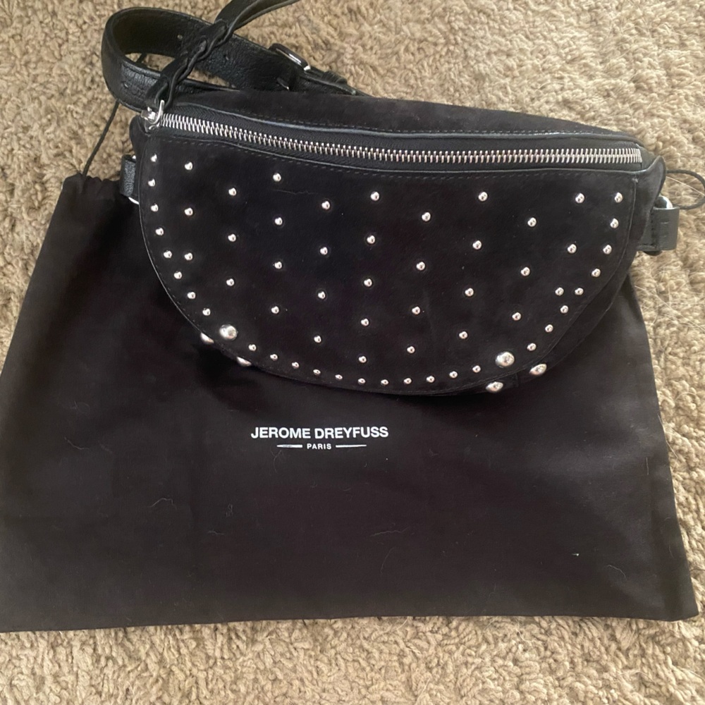 Jerome Dreyfuss Black Studded Women's Bag. Lino bum bag. Suede and leather.